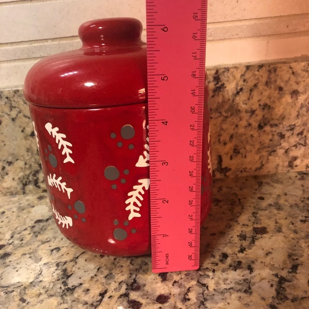 Vintage Waechtersbach Cat Kitty Treat Jar with Lid Red Germany MCM Paw Prints